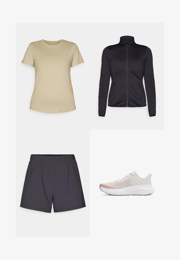 Veste noire zippée avec un col haut, fabriquée à partir d'un tissu lisse et extensible, dotée de deux poches avant zippées et de manches texturées.; T-shirt beige à manches courtes en tissu lisse et extensible. Il possède un col rond et un logo discret dans la partie supérieure gauche de la poitrine.; Shorts de sport noirs en tissu léger et extensible. Dotés d'une taille élastique et d'un design simple, sans embellissements.; Des chaussures de sport légères avec une tige en maille blanche respirante, des accents dégradés rose et une épaisse semelle blanche avec des détails texturés.