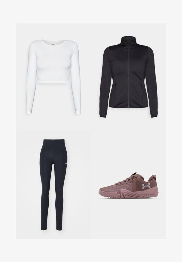 Melns zip-up jakas ar augstu apkakli, izgatavota no gludas, elastīgas auduma, ar divām kabatām priekšpusē ar rāvējslēdzējiem un teksturētām piedurknēm.; Balts garām piedurknēm apgrieztais tops, kas izgatavots no gludas, elastīgas auduma, ar apaļu dekoltē un pieguļošu siluetu. Minimalistiskais dizains.; Melnas sportiskas legingi, izgatavoti no stiepjoša auduma, ar augstu jostasvietu, sānu kabatām un mazu logo apakšējā kājā.; Tumši rozā sporta apavi ar teksturētu sietu augšdaļu, gumijas zoli un izteiktu saķeres rakstu; satur logotipu sānos un mīkstu apkakli.