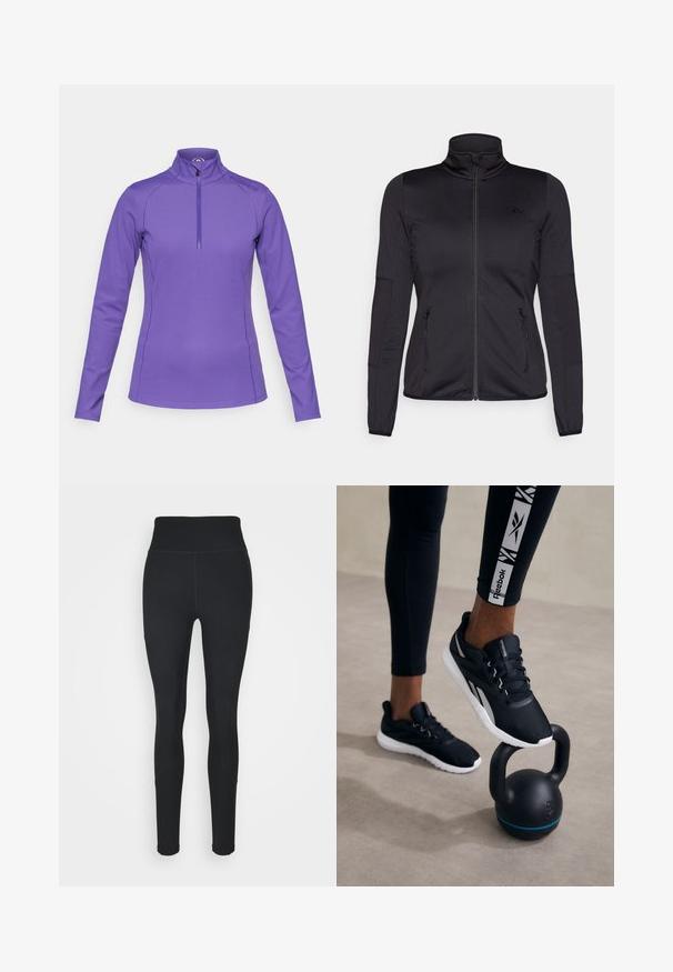 Jaqueta preta com fecho éclair e gola alta, feita de um tecido liso e elástico, apresentando dois bolsos frontais com fecho éclair e mangas texturizadas.; Camisa de manga longa roxa com gola alta e um meio fecho. Feita de um tecido liso e elástico, com costuras planas e detalhes do logotipo no ombro.; Leggings pretos feitos de tecido elástico, com uma cintura alta, painéis canelados nos lados e um design ajustado que se afunila nos tornozelos.; Tênis de desporto pretos com um superior texturizado, sola branca e detalhes cinzentos, colocados sobre um kettlebell preto com uma faixa azul, contra um fundo neutro.