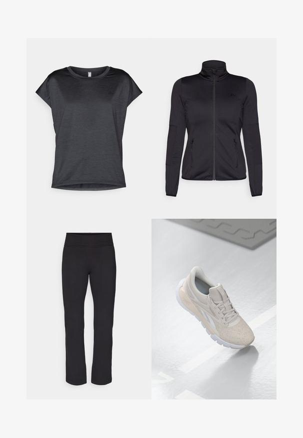 Schwarze Zip-Jacke mit hohem Kragen, gefertigt aus glattem, dehnbarem Material, mit zwei vorderen Reißverschlusstaschen und strukturierten Ärmeln.; Kurzärmeliges, dunkelgraues T-Shirt mit rundem Ausschnitt, aus leichtem Stoff, mit einer glatten Textur und einer lockeren Passform.; Schwarze Leggings aus einem glatten, dehnbaren Stoff und mit einem breiten Bund. Sie haben gerade, glatte Beine in voller Länge und keine sichtbaren Muster oder Akzente.; Hellbeige Sportschuh mit einem perforierten Obermaterial, strukturierten Akzenten, gepolstertem Schaftrand und weißer Gummisohle, entworfen für Komfort und Atmungsaktivität.