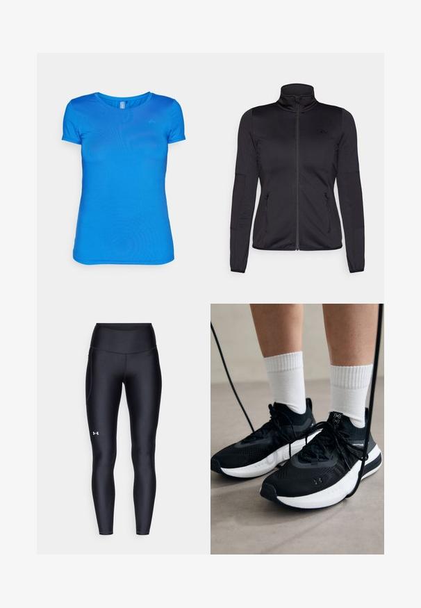 Czarna kurtka na zamek z wysokim kołnierzem, wykonana z gładkiego, elastycznego materiału, posiadająca dwie kieszenie z przodu na zamek oraz fakturowane rękawy.; Niebieska koszulka z krótkim rękawem z lekkiego materiału, z okrągłym dekoltem i gładką teksturą. Dyskretne logo na górnej lewej stronie.; Czarne legginsy wykonane z gładkiego, elastycznego materiału z wysokim stanem. Posiadają białe logo na lewym udzie oraz dopasowany krój.; Czarne buty sportowe z teksturowanym materiałem, białą podeszwą i czarnymi sznurowadłami. Nosi je osoba w białych skarpetkach w prążki, stojąca na jasnej powierzchni.
