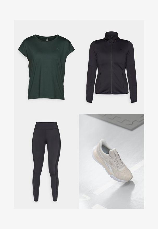 Crna jakna s patentnim zatvaračem i visokim ovratnikom, napravljena od glatkog, rastezljivog materijala, s dva prednja džepa na patentni zatvarač i teksturiranim rukavima.; ONLY Play ONPAUBREE LIFE ON BAT LOOSE TEE - Osnovna majica kratkih rukava - scarab; Crne tajice od rastezljivog materijala. Visoki pojas, glatka tekstura, s uzorkovanim detaljima na donjem dijelu nogu.; Svijetlosmeđi sportski tenisici s perforiranim gornjim dijelom, teksturiranim detaljima, podstavljenim okvirom i bijelim gumiranim potplatom, dizajnirani za udobnost i prozračnost.