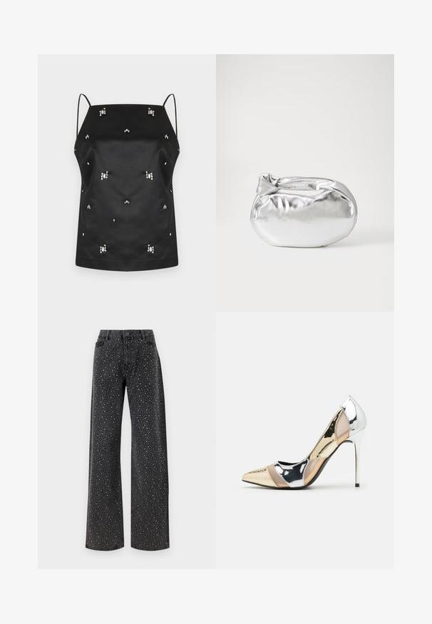 Plašč z leopardjim vzorcem v odtenkih zelene in rjave, z izrezanim ovratnikom, dolgimi rokavi in sproščenim krojem. Mehka teksturirana tkanina.; Črna satenasta brezrokavnica s tankimi naramnicami, okrašena s kristalnimi detajli in sproščeno obliko. Gladka tekstura in minimalističen dizajn.; Noisy May NMJANNEL LOOSE - Široke kavbojke - black denim; Čevlji z visoko peto in konico, v barvni kombinaciji srebrne, zlate in nude. Sijajna obdelava z izrezljanim dizajnom, z igličasto peto.; Srebrna kovinska torbica z mehko, zaobljeno obliko in zavezano zgornjo zaporo. Narejena iz gladkega umetnega usnja.; Srebrne uhane v obliki obroča z minimalističnim dizajnom. Krožna oblika, gladka tekstura in tanek profil. Lahki s poliranim zaključkom.