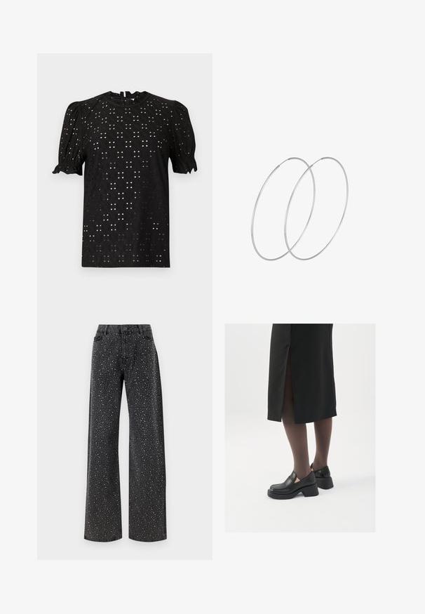 Cappotto maculato in tonalità di verde e marrone, con colletto a punte, maniche lunghe e vestibilità comoda. Tessuto morbido e testurizzato.; Blusa nera a maniche corte con un design testurizzato a occhiello, dotata di maniche a puffy e scollo rotondo, chiusa con un'apertura a chiave sul retro.; Noisy May NMJANNEL LOOSE - Jeans baggy - black denim; Scarpe in pelle nera con punta arrotondata, tacco spesso a blocco e accenti laterali in elastico, abbinate a collant scuri e una gonna nera con uno spacco.; Orecchini a cerchio in argento con un design minimalista. Forma circolare, superficie liscia e profilo sottile. Leggeri con una finitura lucida.