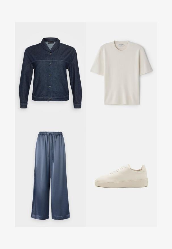 Sötétkék farmerdzseki hosszú ujjakkal, kerek gallérral és négy ezüst színű patenttal az elején.; Krém színű, rövid ujjú póló, kerek nyakkivágással, puha anyagból készült, egyenes szabású és minimális díszítéssel rendelkezik.; Sötétkék selyem anyagú, bő szárú nadrág rugalmas derékkal és állítható zsinórral. Simább textúrával és szűkített mandzsettákkal rendelkezik az alján.; Fehér bőr sportcipő kerek orral, tónusos fűzőkkel és vastag platformtalppal. Minimalista dizájn sima felülettel és látható márkajelzés nélkül.