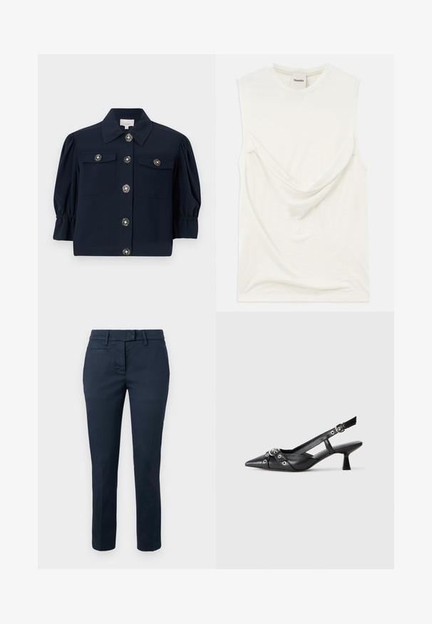 Jūras spēku īsās piedurknes krekla jaka ar apkakli, divām krūšu kabatām un zelta ziedu pogām. Iezīmētas ar savilktām pūkainām piedurknēm un taisnu apakšmalu.; Baltas bezpiedurkņu tops ar drapētu detaļu priekšā, izgatavots no mīksta, viegla auduma. Iespējas apaļa kakla izgriezuma un brīva piegriezuma.; Dondup PANTS PERFECT - Chinos tipa bikses - navy; Melnas ādas šlipsveida kurpes ar norādītu purngalu, dekoratīvām joslām ar metāla acīm un zemu bloku papēdi. Teksturēta virsma.