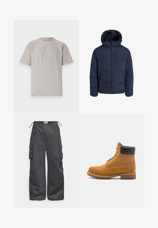 Giacca puffer blu navy con cappuccio, dotata di una zip frontale, tasche laterali e motivo trapuntato per isolamento e calore.; T-shirt grigia chiara a costine con scollo rotondo e maniche corte. Presenta una texture morbida e un design pulito, adatta per un abbigliamento casual.; Pantaloni cargo grigi con un tessuto texturizzato, vita elastica, cordino e dettagli con tasche laterali. Vestibilità ampia con gambe larghe.; Stivale alla caviglia in suede tan con collare imbottito nero, occhielli in metallo dorato, dettagli in cucitura bianca e suola in gomma robusta con battistrada pronunciato.