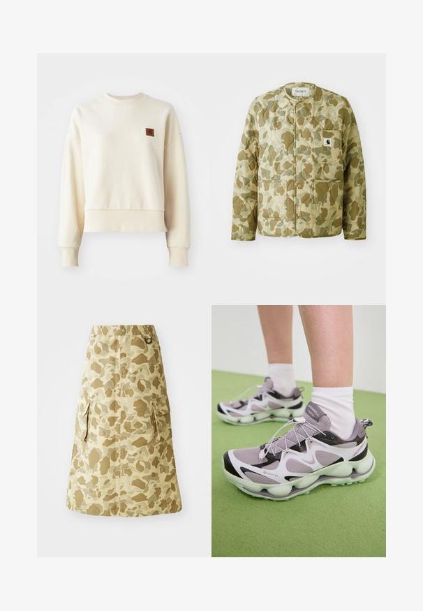 Kurtka pikowana w beżowo-zielonym wzorze kamuflażu, z okrągłym dekoltem, przednimi kieszeniami i kwadratową metką marki na kieszeni.; Jasnoszara bluza z dzianiny z prążkowanymi mankietami i dołem. Na przedniej lewej piersi znajduje się kwadratowa, brązowa łatka z logo. Wykonana z miękkiego materiału, o luźnym kroju.; Khaki spódnica z wzorem w kamuflaż, wykonana z gładkiego materiału, z elastycznym pasem i dwiema bocznymi kieszeniami.; Jasnofioletowe buty sportowe GORE-TEX z teksturowaną siateczką, czarnymi akcentami i wyprofilowaną podeszwą. Posiadają elastyczne sznurowadła i wyściełany kołnierz.