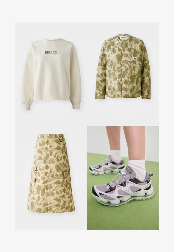 Péřová bunda v béžovém a zeleném camouflage vzoru, s kulatým výstřihem, předními kapsami a čtvercovou brandovou nálepkou na kapse.; Světle krémová mikina vyrobená z jemné tkaniny. Obsahuje zelené logo "OBEY INT." nad názvy měst. Pohodlný střih s žebrovanými manžetami.; Khaki sukně s maskáčovým vzorem, vyrobena z hladkého materiálu, s elastickým pasem a dvěma bočními kapsami.; Světle fialové atletické boty GORE-TEX s texturovanou síťovinou, černými akcenty a tvarovanou podrážkou. Obsahují elastické tkaničky a polstrovaný límec.
