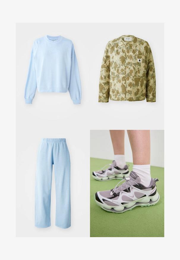 Giubbotto trapuntato in un motivo di camuffamento beige e verde, con collo rotondo, tasche frontali e un'etichetta quadrata del brand sulla tasca.; Felpa azzurra chiara realizzata in morbido cotone. Presenta un colletto a girocollo, spalle abbassate e polsini e orlo a coste con un branding discreto.; Pantaloni larghi azzurri con una cintura elastica. Realizzati in tessuto morbido, presentano una texture liscia senza motivi o dettagli visibili.; Scarpe sportive GORE-TEX di colore viola chiaro, con una tomaia in rete testurizzata, accenti neri e una suola scolpita. Presentano lacci elastici e un colletto imbottito.