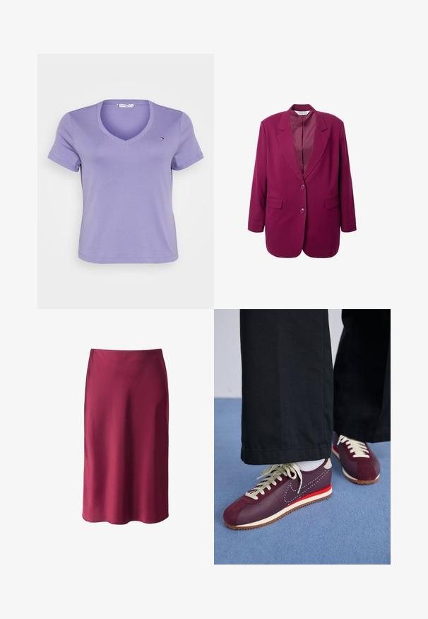 Magenta żakiet z klapami, dwiema przednimi kieszeniami i jednym zapięciem na guzik. Gładki materiał z wyrazistą sylwetką.; Fioletowa koszulka z dekoltem w serek, wykonana z miękkiej bawełny, z krótkimi rękawami i małym logo na lewej klatce piersiowej. Prosty design.; Bordowa satynowa spódnica o gładkiej fakturze, prostym kroju, midi długości i subtelnym połysku. Brak widocznych wzorów lub detali metalowych.; Bordowe i kremowe buty sportowe z połączeniem zamszu i gładkiego materiału, z kontrastującym czerwonym akcentem, białymi sznurówkami i teksturowaną podeszwą.