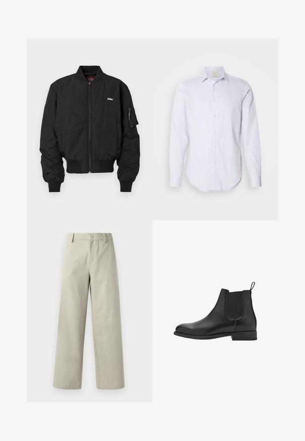 Černá bomber bunda se zipovým zapínáním, žebrovanými manžetami a bočními kapsami. Obsahuje malé logo na hrudi a kapsu na levém rukávu.; Světle modrá a bílá pruhovaná košile s dlouhým rukávem, plným knoflíkovým zapínáním, špičatým límcem a zaobleným lemem. Bavlněný materiál, hladká textura.; Han Kjøbenhavn WIDE LEG - Kalhoty - light grey; Černé kožené chelsea boty s elastickými bočními panely, kulatou špičkou a nízkým blokovým podpatkem. Hladká textura a čistý, minimalistický design.