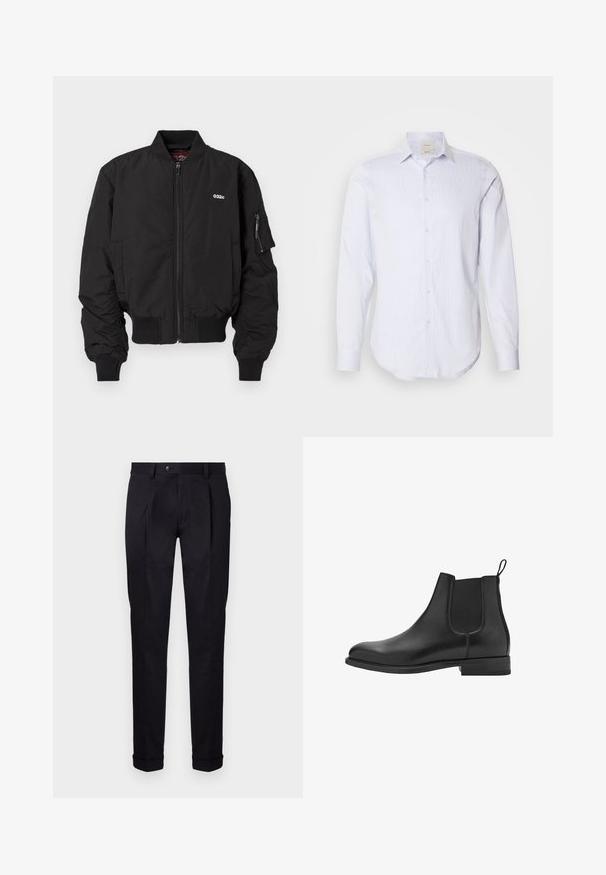 Černá bomber bunda se zipovým zapínáním, žebrovanými manžetami a bočními kapsami. Obsahuje malé logo na hrudi a kapsu na levém rukávu.; Světle modrá a bílá pruhovaná košile s dlouhým rukávem, plným knoflíkovým zapínáním, špičatým límcem a zaobleným lemem. Bavlněný materiál, hladká textura.; Ušité černé kalhoty z hladkého materiálu, s plochým předním dílem, dvěma předními sklady a manžetami pro čistý, strukturovaný vzhled.; Černé kožené chelsea boty s elastickými bočními panely, kulatou špičkou a nízkým blokovým podpatkem. Hladká textura a čistý, minimalistický design.
