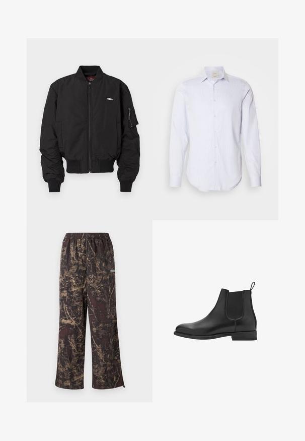Schwarze Bomberjacke mit Reißverschluss, gerippten Bündchen und Seitentaschen. Sie verfügt über ein kleines Logo auf der Brust und eine Tasche an dem linken Ärmel.; Hellblau-weiß gestreiftes Langarmhemd mit durchgehender Knopfleiste, spitzem Kragen und abgerundetem Saum. Aus Baumwollmaterial, mit glatter Textur.; Weite Hose mit einem dunkelbraunen Grundton und einem goldenen strukturierten Muster. Elastischer Taillenbund mit einem Logotag an der Seite.; Schwarze Leder Chelsea-Stiefel mit elastischen Seitenpaneelen, runder Spitze und niedrigem Blockabsatz. Glatte Textur und sauberes, minimalistisches Design.