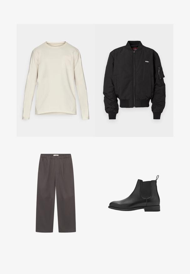 Schwarze Bomberjacke mit Reißverschluss, gerippten Bündchen und Seitentaschen. Sie verfügt über ein kleines Logo auf der Brust und eine Tasche an dem linken Ärmel.; Langärmliges, Rundhalsausschnitt-Shirt aus leichtem beigen Baumwollstoff. Ausgestattet mit einer dezenten Tasche auf der linken Brustseite und einem abgerundeten Saum für eine lässige Passform.; Graue, weite Hosen aus glattem Stoff, mit einem Knopfverschluss und zwei seitlichen Taschen. Einfaches, klares Design ohne sichtbare Muster.; Schwarze Leder Chelsea-Stiefel mit elastischen Seitenpaneelen, runder Spitze und niedrigem Blockabsatz. Glatte Textur und sauberes, minimalistisches Design.