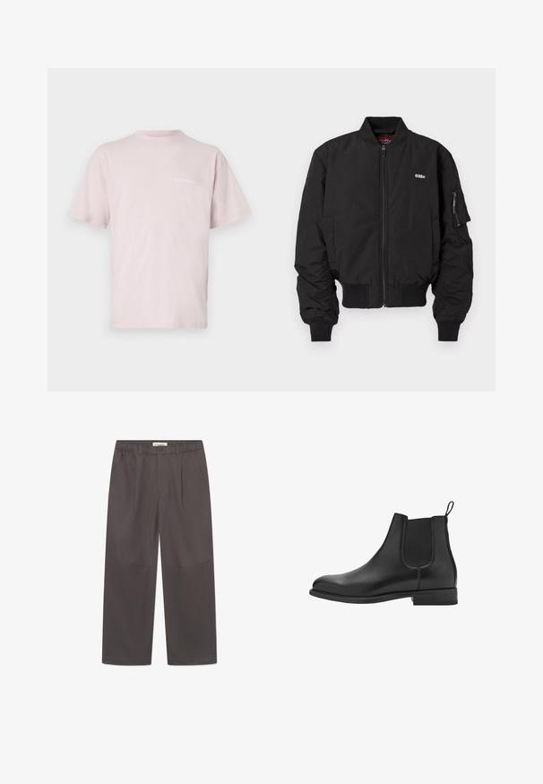 Black bomber jacket with a zip closure, ribbed cuffs, and side pockets. Features a small logo on the chest and a pocket on the left sleeve.; Light pink cotton T-shirt with short sleeves, a crew neckline, and "NoProblemo" text printed in white on the front.; Light blue and white striped long-sleeve shirt with a full-button placket, pointed collar, and rounded hem. Cotton material, smooth texture.; Gray, wide-leg trousers made of smooth fabric, featuring a button closure and two side pockets. Simple, clean design with no visible patterns.; Black leather chelsea boots with elastic side panels, rounded toe, and a low block heel. Smooth texture and clean, minimalist design.