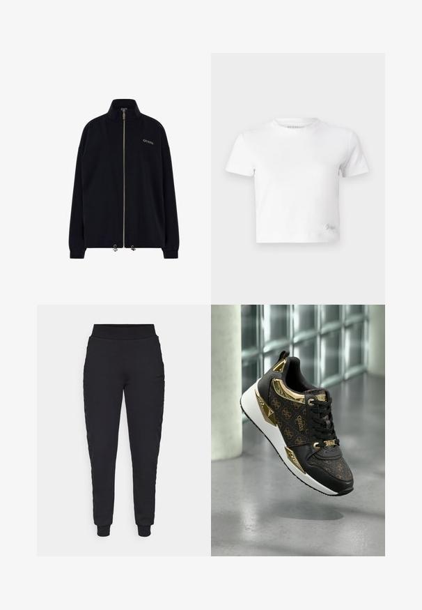 Schwarze Zip-Jacke mit hohem Kragen. Verfügt über einen goldenen Reißverschluss und das "GUESS"-Logo in goldener Stickerei auf der Vorderseite. Lockere Passform mit umgeschlagenen Ärmeln.; Weißes, kurzes T-Shirt aus glattem Baumwoll-Stoff mit hohem Ausschnitt und kurzen Ärmeln. Kleines besticktes Logo in der unteren Ecke.; Guess STACIE JOGGER - Jogginghose - jet black; Schwarze Sneaker mit goldenen Akzenten, ausgestattet mit einem strukturierten Logomuster, metallischen Details und einer gepolsterten weißen Sohle.