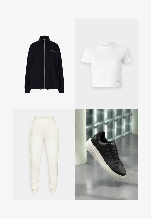 Schwarze Zip-Jacke mit hohem Kragen. Verfügt über einen goldenen Reißverschluss und das "GUESS"-Logo in goldener Stickerei auf der Vorderseite. Lockere Passform mit umgeschlagenen Ärmeln.; Weißes, kurzes T-Shirt aus glattem Baumwoll-Stoff mit hohem Ausschnitt und kurzen Ärmeln. Kleines besticktes Logo in der unteren Ecke.; Guess STACIE JOGGER - Jogginghose - dove white; Schwarze niedrige Guess-Sneaker mit weißer Sohle, Schnürsenkeln und Branding an der Seite und Zunge, präsentiert vor einem Hintergrund aus Glasblockwänden.