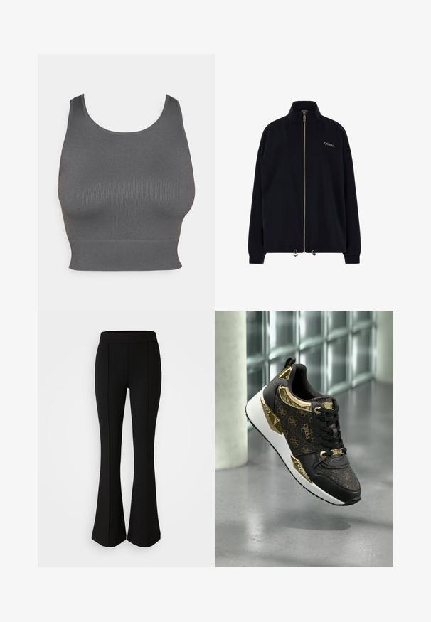 Schwarze Zip-Jacke mit hohem Kragen. Verfügt über einen goldenen Reißverschluss und das "GUESS"-Logo in goldener Stickerei auf der Vorderseite. Lockere Passform mit umgeschlagenen Ärmeln.; Grauer gerippter Crop-Top mit Rundhalsausschnitt und einem engen Bund am Saum. Hergestellt aus einem dehnbaren Stoff für Komfort und Beweglichkeit.; Schwarze, ausgestellte Hose aus einem dehnbaren Material mit glatter Textur, ausgestattet mit Nahtdetails an der Vorderseite für ein zusätzliches Designelement.; Schwarze Sneaker mit goldenen Akzenten, ausgestattet mit einem strukturierten Logomuster, metallischen Details und einer gepolsterten weißen Sohle.