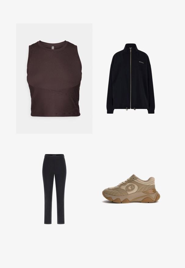 Chaqueta negra con cremallera y cuello alto. Presenta una cremallera dorada y el logo de "GUESS" en hilo dorado en la parte delantera. Corte holgado con mangas acampanadas.; Top corto de canalé marrón oscuro con tirantes anchos, escote redondo y diseño sin costuras. Presenta una silueta ajustada y tela elástica para mayor comodidad.; Pantalones negros ajustados con una textura lisa, un diseño de pierna recta y una cinturilla ancha. Presenta un pequeño logo en la cinturilla.; Zapatilla gruesa beige y marrón con paneles de malla y cuero, punta redonda, cordones en la parte frontal y suela texturizada, con logotipo circular en el lateral.