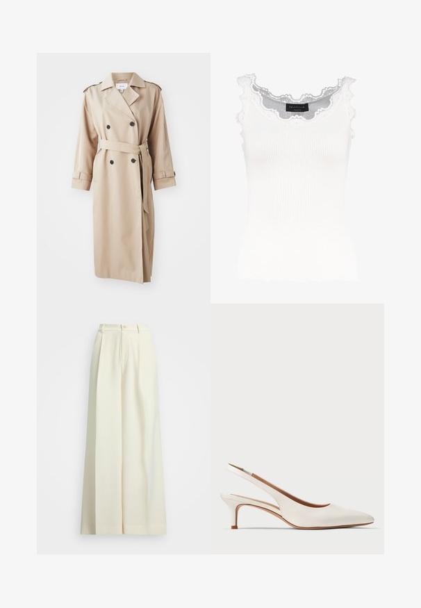 Trench coat bege com frente de duplo peito, botões pretos, cinto na cintura e epaulettes nos ombros; feito de tecido suave com um corte descontraído.; Camisola branca de alças com detalhe de renda na gola e nas mangas. Apresenta uma textura suave e um formato ajustado. Etiqueta da marca visível no interior.; Calças de perna larga em tecido bege claro, com cintura alta, pregas duplas e fecho de botão. Textura suave e design ajustado.; Sabrinas brancas de salto slingback com bico fino, material de couro liso, um salto baixo e grosso, sem padrões visíveis ou adornos.