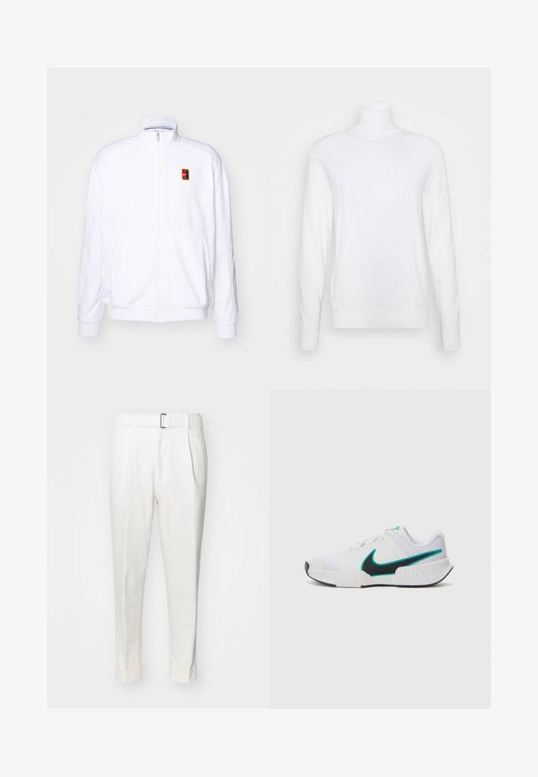 Bela zip-up dukserica iz mehkega materiala, s visokim ovratnikom in majhnim večbarvnim Nike logotipom na levem prsnem delu.; Bela pulover z bolj dolgimi rokavi in visokim ovratnikom, narejen iz gladkega materiala. Ima prilegan kroj ter žametne manšete in rob. Brez vzorcev ali okrasnih detajlov.; Beli hlače iz bombaža, z oblečenim pasom, sprednjimi naborki in manšetami. Gladka tekstura in krojeno prileganje.; Bela športna copata z teksturiranim mrežastim zgornjim delom, črnimi gumijastimi podplati in teal Nike simbolom kot poudarkom. Ima vezalke in oblazinjen ovratnik.
