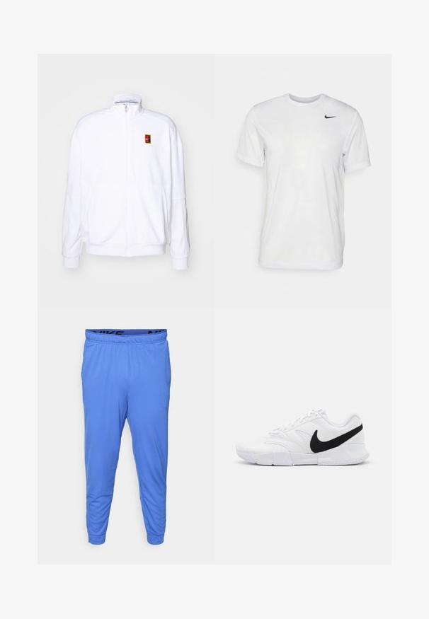 Bílá mikina na zip vyrobená z měkké tkaniny, s vysokým límcem a malým barevným logem Nike na levé hrudi.; Bílé tričko s krátkým rukávem vyrobené z hladkého materiálu. Má kulatý výstřih a malé černé logo Nike na levé straně hrudi.; Pánské modré sportovní kalhoty vyrobené z lehké látky, s elastickým pasem s černým logem a zúženými manžetami u kotníků.; Bílé atletické boty se strukturovaným svrškem, černým logem Nike, polstrovaným límcem a pevným gumovým podešvem s vzorovaným profilem.