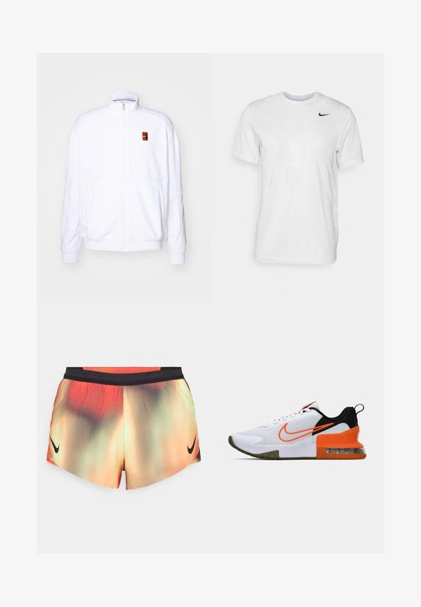Vit zip-up sweatshirt gjord av mjukt tyg, med hög krage och en liten flerfärgad Nike-logga på vänster bröst.; Vit t-shirt med kort ärm i mjukt tyg. Har en rund hals och en liten svart Nike-logotyp på vänster bröst.; Nike-shorts i gradientnyanser av orange, grön och svart, med ett svart elastiskt midjeband och Nike-logotypen på nedre högra sidan.; Vit sportskor med en texturerad mesh-övre, svarta och orange accenter, en tjock gummisula och en klar luftkudde-del vid hälen.