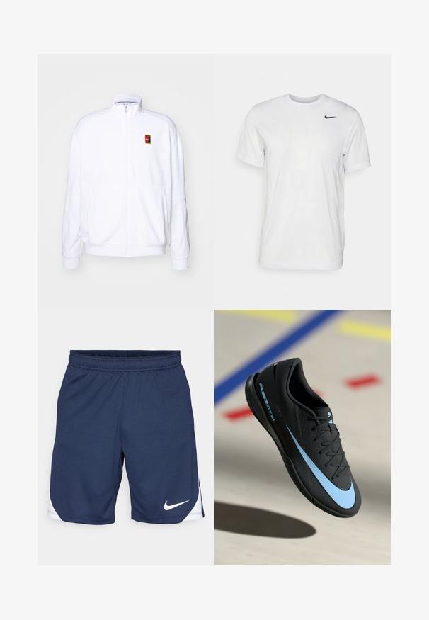 Vit zip-up sweatshirt gjord av mjukt tyg, med hög krage och en liten flerfärgad Nike-logga på vänster bröst.; Vit t-shirt med kort ärm i mjukt tyg. Har en rund hals och en liten svart Nike-logotyp på vänster bröst.; Navyblå atletiska shorts tillverkade av strukturerat tyg, med ett elastiskt midjeband och en vit Nike-logotyp vid fållen.; Svarta atletiska skor med blåa accenter, strukturerad yta, snörningsdesign och distinkt Nike-logotyp. Gummisula med greppmönster.