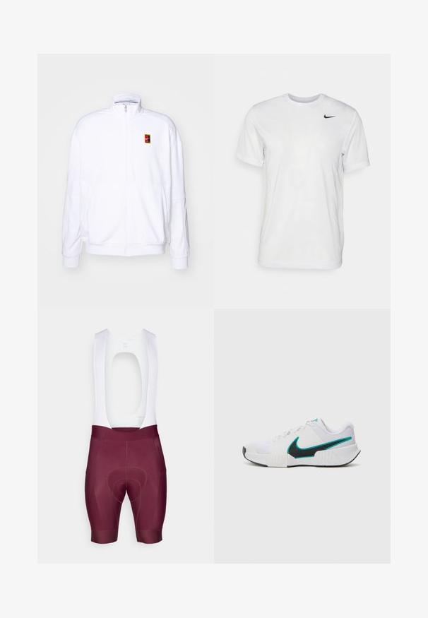 Biela zipová mikina vyrobená z mäkkého materiálu, s vysokým golierom a malým viacfarebným logom Nike na ľavej hrudi.; Biela krátka tričko s krátkymi rukávmi vyrobené z hladkej látky. Má okrúhly výstrih a malé čierne logo Nike na ľavej hrudi.; Cyklistické šortky vyrobené z pružného materiálu, s vínovou farbou a bielou hornou časťou, vybavené výraznou gelovou vankúšikou pre pohodlie.; Biele športové tenisky s textúrovaným sieťovaným zvrškom, čiernou gumovou podrážkou a akcentom teal loga Nike. Obsahujú šnúrky a vypolstrovaný golier.