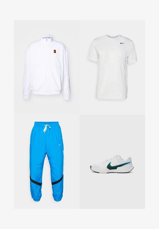 Hvit zip-up hettegenser laget av mykt stoff, med høy hals og en liten multicolor Nike-logo på venstre bryst.; Hvit kortermet t-skjorte laget av glatt stoff. Har rund hals og en liten svart Nike-logo på venstre bryst.; Blå idrettsbukser laget av lett stoff. Har en justerbar midje med gul snor, svarte detaljer og sidepaneler i mesh.; Hvit atletisk sko med teksturert mesh-overdel, svart gummisåle og teal Nike swoosh-detalj. Har snøring og polstret krage.