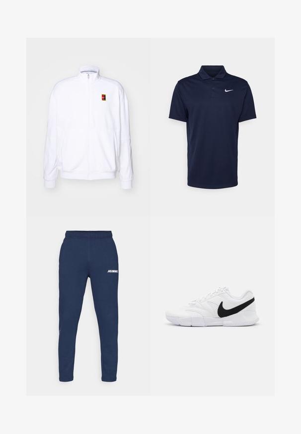 Fehér zipzáras kapucnis pulóver, puha anyagból készült, magas nyakkal és egy kis, színes Nike logóval a bal mellrészen.; Sötétkék pólóing sima anyagból készült, háromgombos légkörrel, rövid ujjakkal és egy kis fehér Nike logóval a mellkasán.; Hummel ELEMENTAL TAPERED PANTS - Tréningruha alsók - dress blues; Fehér sportcipők texturált felsőrésszel, fekete Nike logóval, párnázott bokarésszel és egy masszív gumitalppal, mintázott futófelülettel.