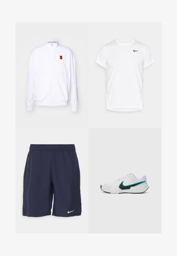 Biela zipová mikina vyrobená z mäkkého materiálu, s vysokým golierom a malým viacfarebným logom Nike na ľavej hrudi.; Biela krátkoprstá Nike tričko vyrobené z hladkého syntetického materiálu, s čiernym logom na ľavej strane hrudníka.; Námorné športové šortky vyrobené z hladkého materiálu, s elastickým pásom a bielym logom Nike na dolnej ľavej nohe.; Biele športové tenisky s textúrovaným sieťovaným zvrškom, čiernou gumovou podrážkou a akcentom teal loga Nike. Obsahujú šnúrky a vypolstrovaný golier.
