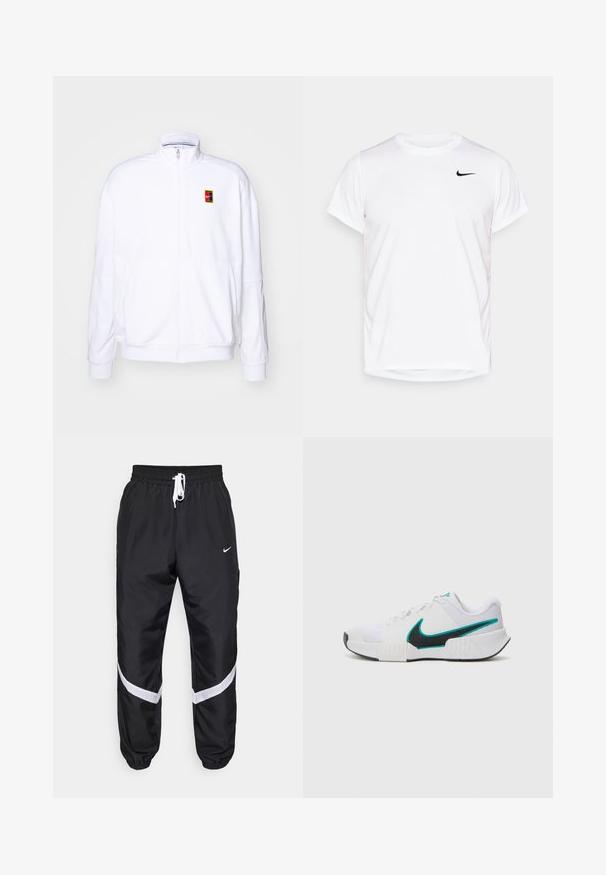 Witte ritsvest gemaakt van zachte stof, met een hoge kraag en een klein meerkleurig Nike-logo op de linkerborst.; Witte korte mouwen Nike t-shirt van glad synthetisch materiaal, voorzien van een zwart logo aan de linkerkant van de borst.; Zwarte sportieve broek met witte accenten, voorzien van een elastische tailleband met trekkoord, zakken en taps toelopende boorden. Nike-logo aan de zijkant.; Witte sportieve schoen met een textuur mesh bovenwerk, zwarte rubberen zool en teal Nike swooshaccent. Voorzien van veters en een gewatteerde kraag.