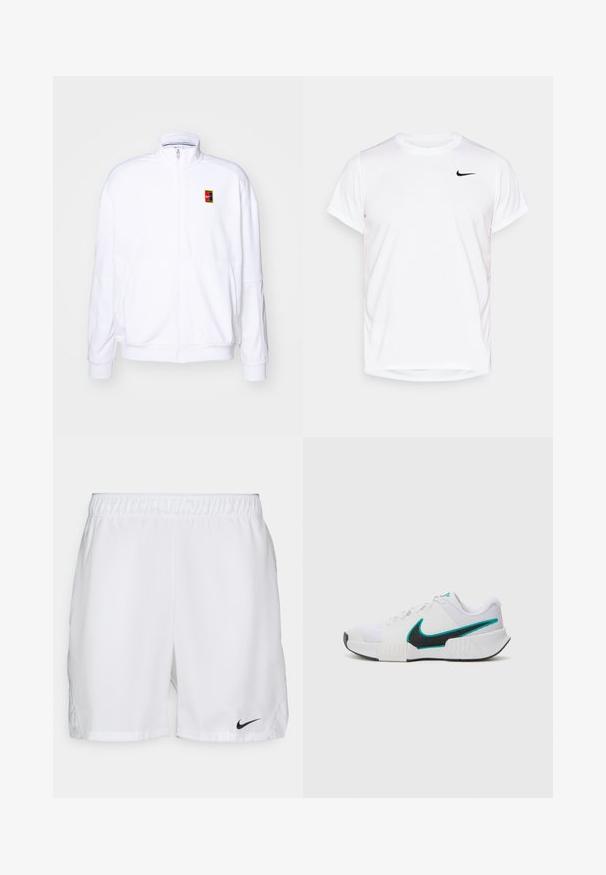 Sweatshirt branco com fecho zíper, feito de um tecido macio, com um gola alta e um pequeno logótipo multicolorido da Nike no lado esquerdo do peito.; T-shirt Nike de manga curta branca, feita de material sintético suave, com um logo preto no lado esquerdo do peito.; Calções atléticos brancos com um cós elástico, apresentando o logótipo da Nike em preto no canto inferior esquerdo. Tecido suave sem padrões.; Tênis atlético branco com parte superior em malha texturizada, solado de borracha preta e detalhe em swoosh Nike teal. Apresenta cadarços e colarinho acolchoado.