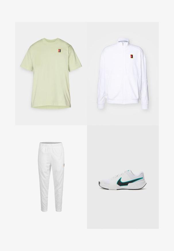 Valkoinen vetoketjullinen huppari, joka on valmistettu pehmeästä kankaasta ja siinä on korkea kaulus sekä pieni monivärinen Nike-logo vasemmassa rinnassa.; Vaaleanvihreä puuvillapaita lyhyillä hihoilla, pyöreällä kaula-aukolla ja pienellä monivärisellä logo-patchilla vasemmassa rinnassa.; Valkoiset urheiluhousut, joissa on joustava vyötärö, kapenevat lahkeet ja pieni logo yksityiskohtana sivulla. Sujuva ja kevyt kangas.; Valkoinen urheilukenkä, jossa on teksturoidusta verkkokankaasta valmistettu päällinen, musta kumipohja ja teal-värinen Nike-swoosh-korostus. Varustettu nauhoilla ja pehmustetulla nilkkapannalla.
