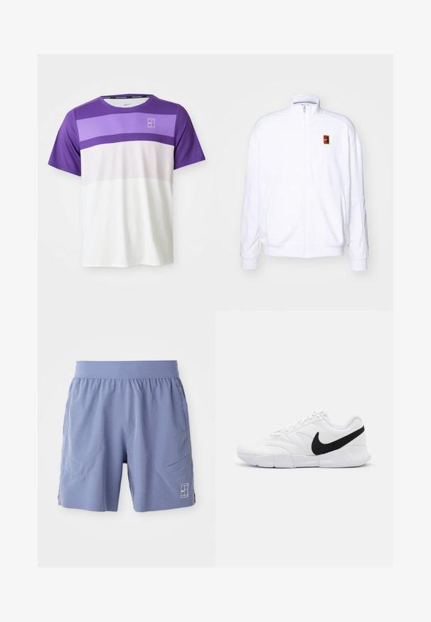 Sweatshirt zippé blanc en tissu doux, doté d'un col montant et d'un petit logo Nike multicolore sur la poitrine gauche.; T-shirt de sport à manches courtes Nike avec des blocs de couleurs horizontaux en violet, lavande, rose clair et blanc, et logo NikeCourt sur la poitrine.; Un short de sport bleu clair avec une taille élastique, deux poches latérales et un petit logo blanc en bas à droite. Texture lisse.; Chaussures de sport blanches avec un dessus texturé, un swoosh noir de Nike, un col rembourré et une semelle extérieure en caoutchouc solide avec un motif de semelle.