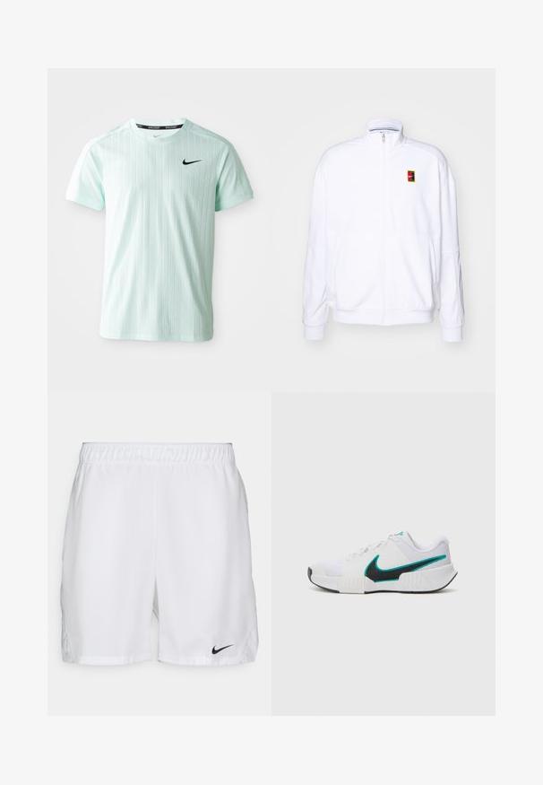 Valge tõmmatav kapuutsiga sviiter, mis on valmistatud pehmest kangast. Sellel on kõrge kaelus ja väike mitmevärviline Nike logo vasakul rinnal.; Mündroheline sportline särk, mis on valmistatud kergest kangast, millel on vertikaalsed triibud, lühikesed varrukad ja must Nike logo rinnal.; Valged sportlikud lühikesed püksid, millel on elastne vöökoht ja must Nike sildiga logo vasakul alapoole. Sile kangas, ilma mustriteta.; Valge sportlik toss, millel on tekstureeritud võrkmaterjalist ülaosa, must kummist tald ja türkiissinine Nike'i logo aktsent. Eriomadusteks on paelad ja polsterdatud krae.