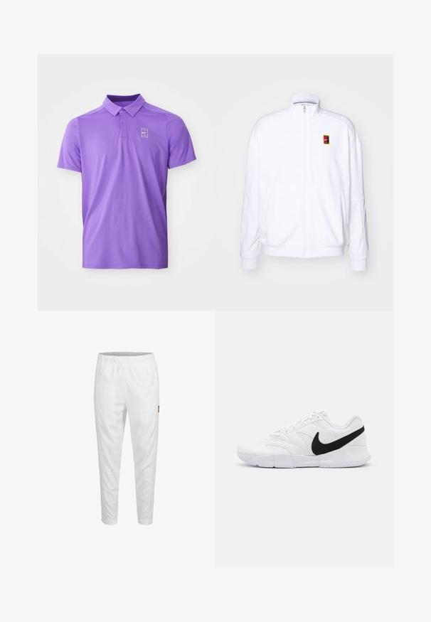 Sweatshirt zippé blanc en tissu doux, doté d'un col montant et d'un petit logo Nike multicolore sur la poitrine gauche.; Polo shirt violet à manches courtes avec col et patte de boutonnage à deux boutons, arborant un logo de tennis Nike blanc sur la poitrine gauche.; Pantalons de sport blancs avec une taille élastique, des jambes fuselées et un petit logo sur le côté. Tissu lisse et léger.; Chaussures de sport blanches avec un dessus texturé, un swoosh noir de Nike, un col rembourré et une semelle extérieure en caoutchouc solide avec un motif de semelle.