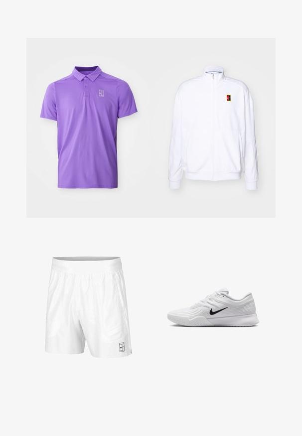 Weißer Zip-Hoodie aus weichem Stoff, mit hohem Kragen und kleinem, mehrfarbigem Nike-Logo auf der linken Brust.; Lila kurzärmliges Poloshirt mit Kragen und einer Zwei-Knopf-Leiste, das auf der linken Brust das weiße Nike-Tennis-Logo zeigt.; Weiße Sportshorts aus leichtem Gewebe mit einem elastischen Bund, ausgestattet mit zwei Seitentaschen und einem kleinen schwarzen Logo am Saum.; Weißer Sportschuh mit strukturiertem Mesh-Obermaterial, schwarzem Nike-Swoosh, gepolstertem Kragen und Gummisohle mit einem Profilmuster.