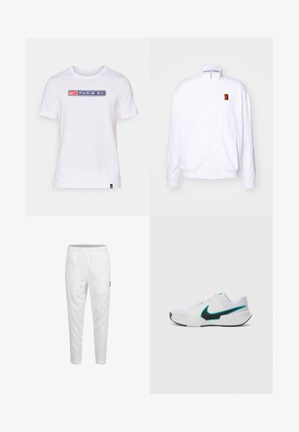 Hvid zip-up sweatshirt lavet af blød stof, med høj krave og et lille flerfarvet Nike-logo på venstre bryst.; Hvid bomulds t-shirt med et marineblåt rektangulært grafisk design, der har "NIKE" og "PARIS SC" i rød og hvid skrift på fronten.; Hvide sportsbukser med elastisk talje, tætsiddende ben og et lille logodetalje på siden. Glat og let stof.; Hvid sportsko med tekstureret mesh-overdel, sort gummisål og teal Nike swoosh-accent. Har snørebånd og polstret krave.