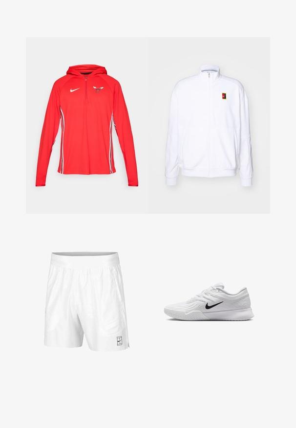 Baltas zip-up džemperis, pagamintas iš minkštos medžiagos, su aukštu kaklu ir mažuoju daugiaspalviu Nike logo kairiajame krūtinės šone.; Raudona "Nike" džemperis su pusiau užtraukiamu užtrauktuku priekyje, su "Bulls" logotipu ant krūtinės ir baltais juostomis palei rankoves. Lygus, lengvas audinys.; Balti sportiniai šortai, pagaminti iš lengvos medžiagos, su elastinga juosta, su dviem šoninėmis kišenėmis ir mažu juodu logotipu ant apatinio krašto.; Baltas sportinis batas su tekstūruota tinkleliu, juodu Nike swoosh logotipu, paminkštintu apvadu ir guminėmis pado detalėmis su protektoriumi.