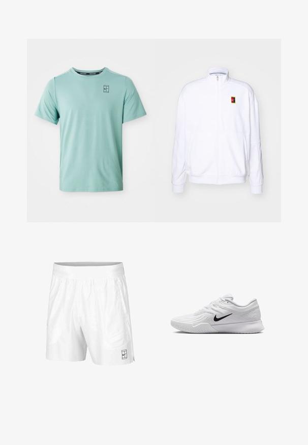 Valge tõmmatav kapuutsiga sviiter, mis on valmistatud pehmest kangast. Sellel on kõrge kaelus ja väike mitmevärviline Nike logo vasakul rinnal.; Hele rohelise, lühikeste varrukatega spordit-särk ümarate kaelustega, millel on õrn tekstuur ja väike must Nike logo rinnal.; Valged spordilühikesed püksid, mis on valmistatud kergest kangast, elastse vöökoha ja kahe küljetaskuga. Hemmi peal on väike must logo.; Valge spordijalats, millel on tekstuuriga mesh-ülemine osa, must Nike swoosh, pehmendatud krae ja kummist tald, millel on mustritrepp.