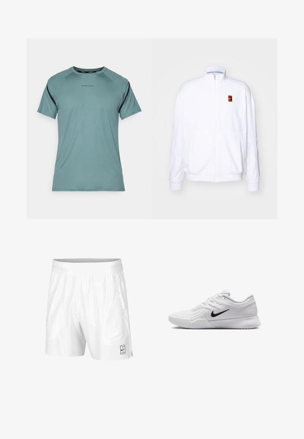 White zip-up sweatshirt made of soft fabric, featuring a high neck and a small multicolored Nike logo on the left chest.; Endless APHEX - Sports T-shirt - cypress; White athletic shorts made of lightweight fabric with an elastic waistband, featuring two side pockets and a small black logo on the hem.; White athletic shoe with textured mesh upper, black Nike swoosh, padded collar, and rubber outsole with a tread pattern.
