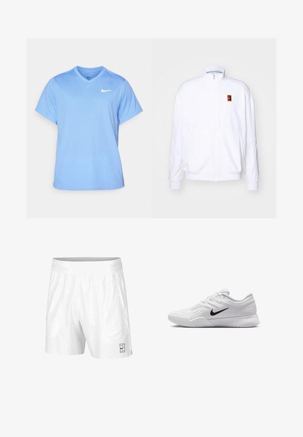 Sudadera blanca con cremallera hecha de una tela suave, con un cuello alto y un pequeño logotipo de Nike multicolor en el lado izquierdo del pecho.; Nike Performance TOP - Camiseta deportiva - royal pulse/white; Pantalones cortos deportivos blancos hechos de una tela ligera con una cinturilla elástica, que cuentan con dos bolsillos laterales y un pequeño logo negro en el dobladillo.; Zapatilla deportiva blanca con parte superior de malla texturizada, swoosh negro de Nike, cuello acolchado y suela de goma con un patrón de taco.