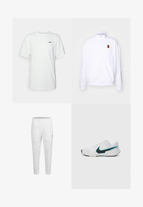 Valge tõmmatav kapuutsiga sviiter, mis on valmistatud pehmest kangast. Sellel on kõrge kaelus ja väike mitmevärviline Nike logo vasakul rinnal.; Valge puuvillane T-särk lühikeste varrukatega, ümmarguse kaelusega ning must Nike logo vasakul rinnal. Sile ja kerge kangas.; Valged spordipüksid, millel on elastne vöökoht, kitsenevad sääred ja külgedel väike logo detail. Sile ja kerge kangas.; Valge sportlik toss, millel on tekstureeritud võrkmaterjalist ülaosa, must kummist tald ja türkiissinine Nike'i logo aktsent. Eriomadusteks on paelad ja polsterdatud krae.