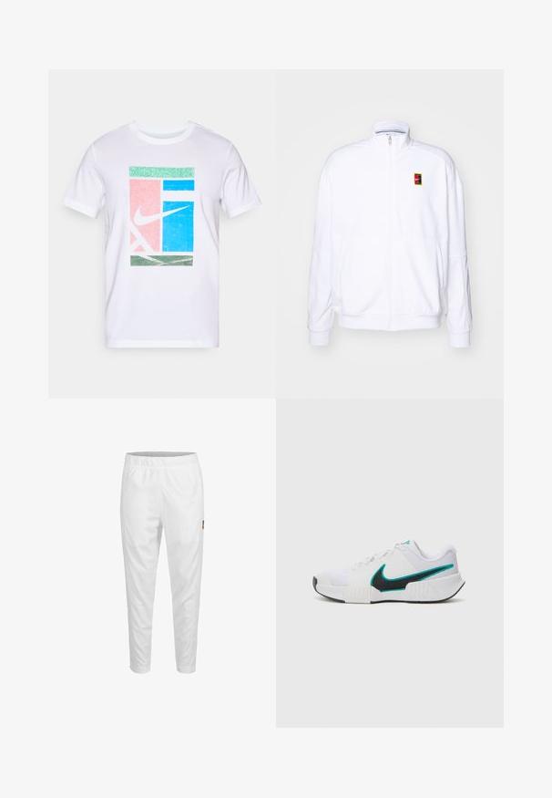 Bílá mikina na zip vyrobená z měkké tkaniny, s vysokým límcem a malým barevným logem Nike na levé hrudi.; Bílá bavlněná tričko s barevnou grafikou. Design zahrnuje růžové, modré a zelené tvary s výrazným logem Nike uprostřed.; Bílé sportovní kalhoty s elastickým pasem, zúženými nohavicemi a malou logem na straně. Hladká a lehká tkanina.; Bílé sportovní tenisové boty s texturovaným síťovým vrškem, černou gumovou podrážkou a akcentem v barvě tyrkysové na logu Nike. Obsahují šněrování a polstrovaný límec.