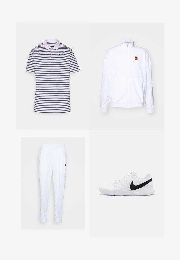 Sweatshirt zippé blanc en tissu doux, doté d'un col montant et d'un petit logo Nike multicolore sur la poitrine gauche.; Polo rayé en blanc et marine, fabriqué en mélange de coton. Il présente un col, deux boutons et un petit logo Nike noir sur la poitrine.; Pantalons de sport blancs avec une taille élastique, dotés de poches latérales et de détails de couture subtils le long des jambes.; Chaussures de sport blanches avec un dessus texturé, un swoosh noir de Nike, un col rembourré et une semelle extérieure en caoutchouc solide avec un motif de semelle.