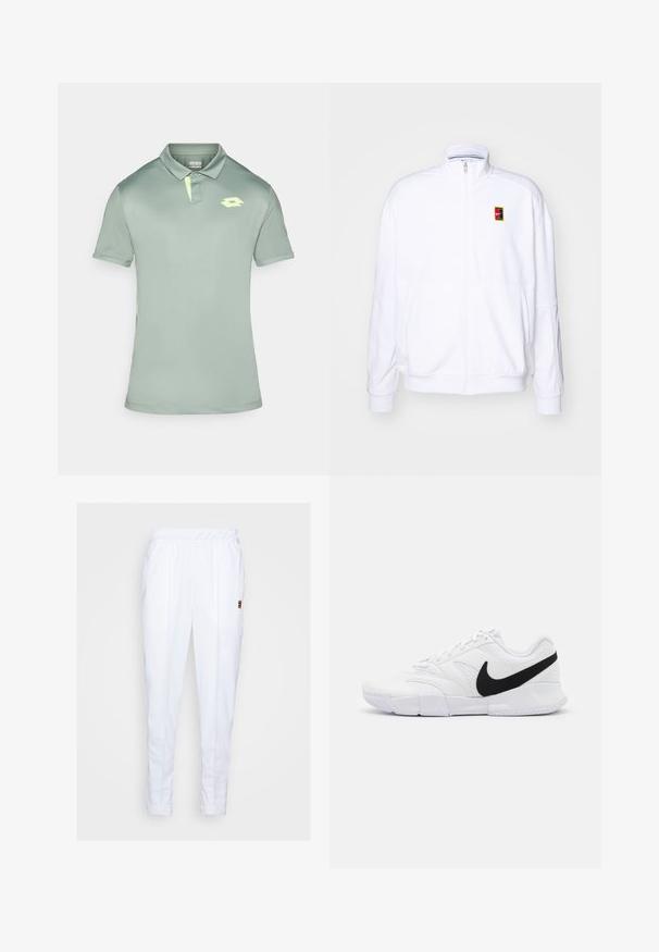 Sudadera blanca con cremallera hecha de una tela suave, con un cuello alto y un pequeño logotipo de Nike multicolor en el lado izquierdo del pecho.; Camisa polo de color verde claro hecha de tela suave, con cuello, mangas cortas y un pequeño logo neón en el pecho.; Pantalones deportivos blancos con cintura elástica, que cuentan con bolsillos laterales y detalles de costura sutiles a lo largo de las piernas.; Zapatillas deportivas blancas con parte superior texturizada, logo de Nike en negro, cuello acolchado y suela de goma sólida con dibujo en patrón.