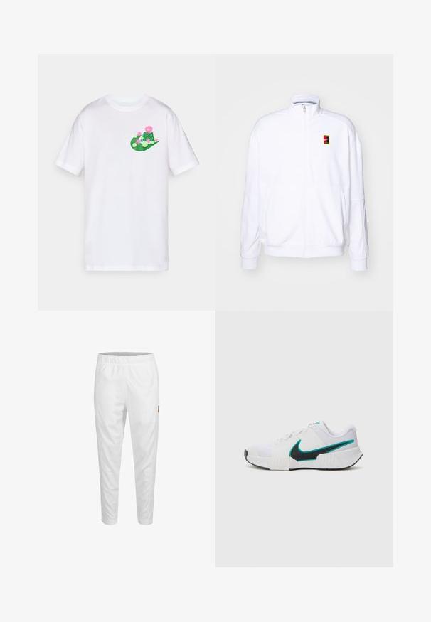 Valge tõmmatav kapuutsiga sviiter, mis on valmistatud pehmest kangast. Sellel on kõrge kaelus ja väike mitmevärviline Nike logo vasakul rinnal.; Valge puuvillane T-särk, millel on värvikas graafiline disain rohelises ja roosas, kujutades kaktuseid ja lilli vasakul rinna piirkonnas.; Valged spordipüksid, millel on elastne vöökoht, kitsenevad sääred ja külgedel väike logo detail. Sile ja kerge kangas.; Valge sportlik toss, millel on tekstureeritud võrkmaterjalist ülaosa, must kummist tald ja türkiissinine Nike'i logo aktsent. Eriomadusteks on paelad ja polsterdatud krae.